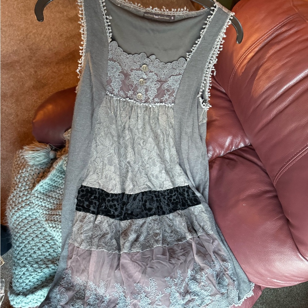 Gray and Black Lace Patchwork Tunic Dress